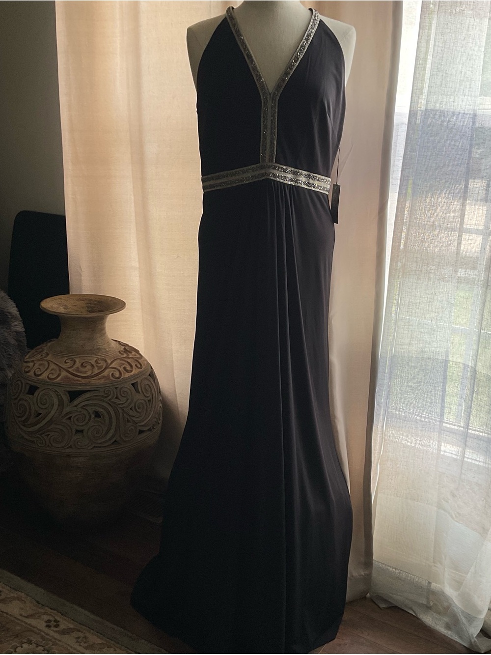 Vince Camuto Black Halter Gown with Crystal Trim